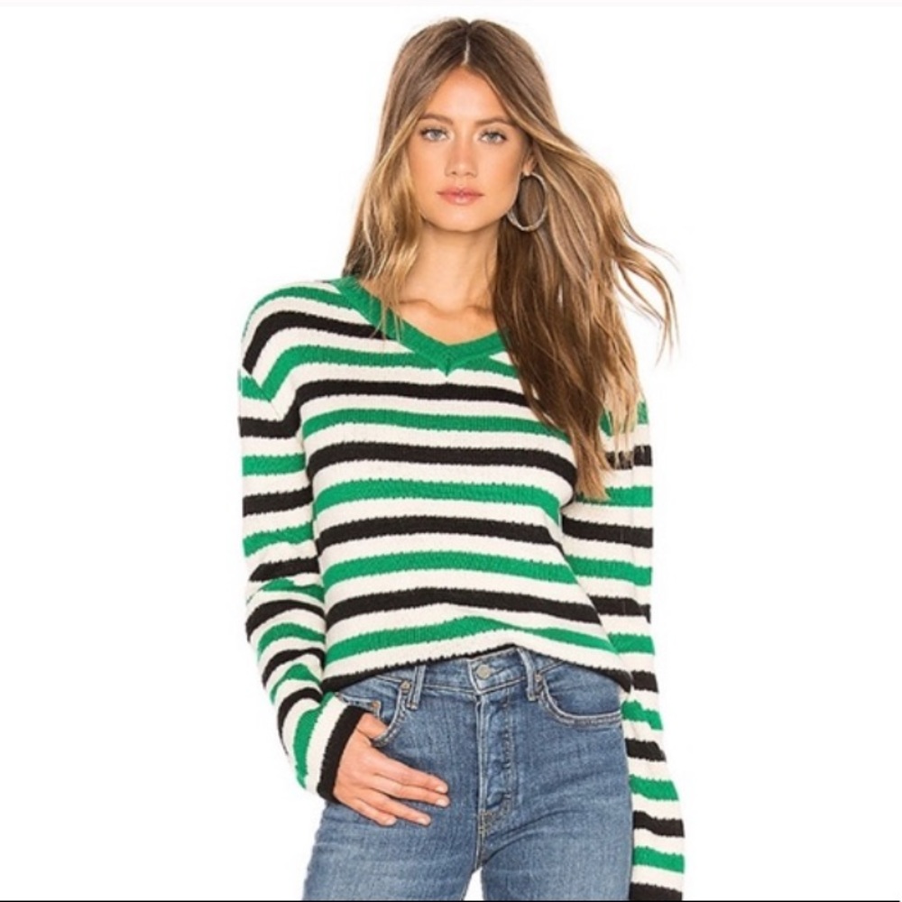 NWT Lovers+Friends rock n roll green white & black stripe vneck sweater size xxs